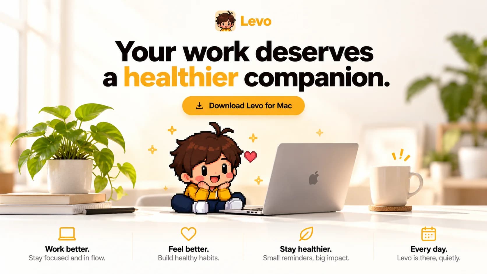 Levo sitting beside a laptop on a bright desk with a plant and a coffee mug.