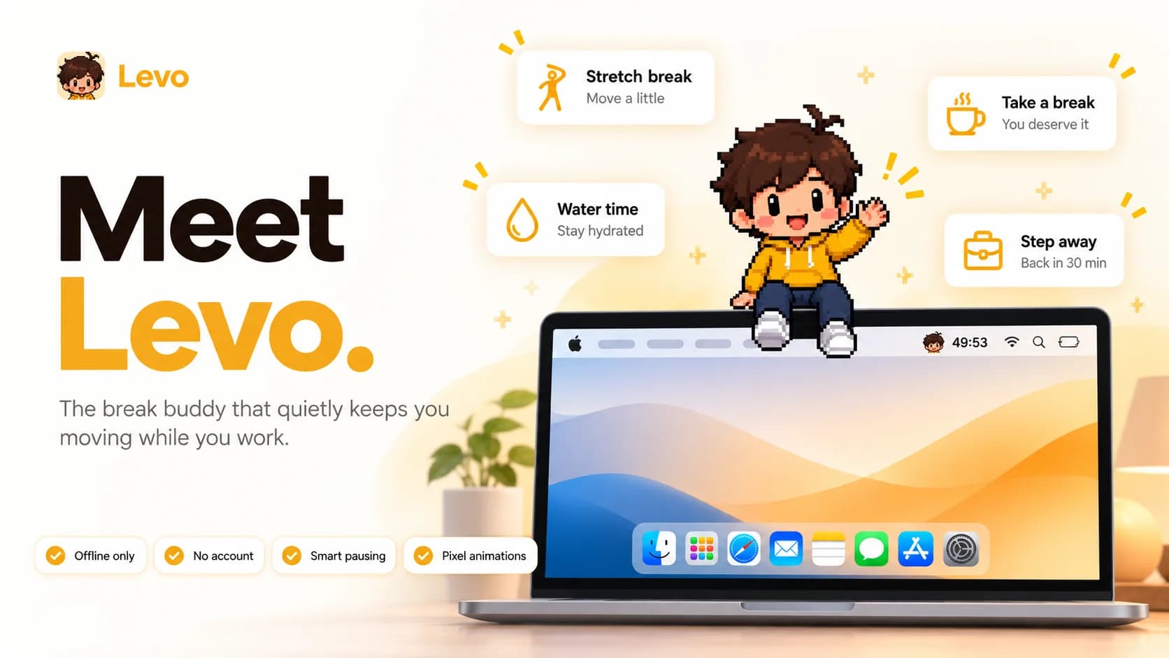 The Levo mascot sitting on top of a MacBook screen, with a 49:53 countdown in the menu bar and cards for stretch breaks, water, taking a break and stepping away.