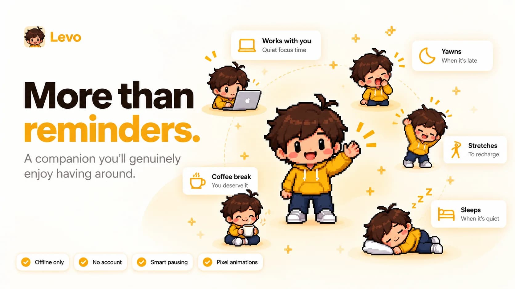 The Levo mascot waving in the centre, surrounded by poses: typing at a laptop, yawning, stretching, holding coffee and sleeping.