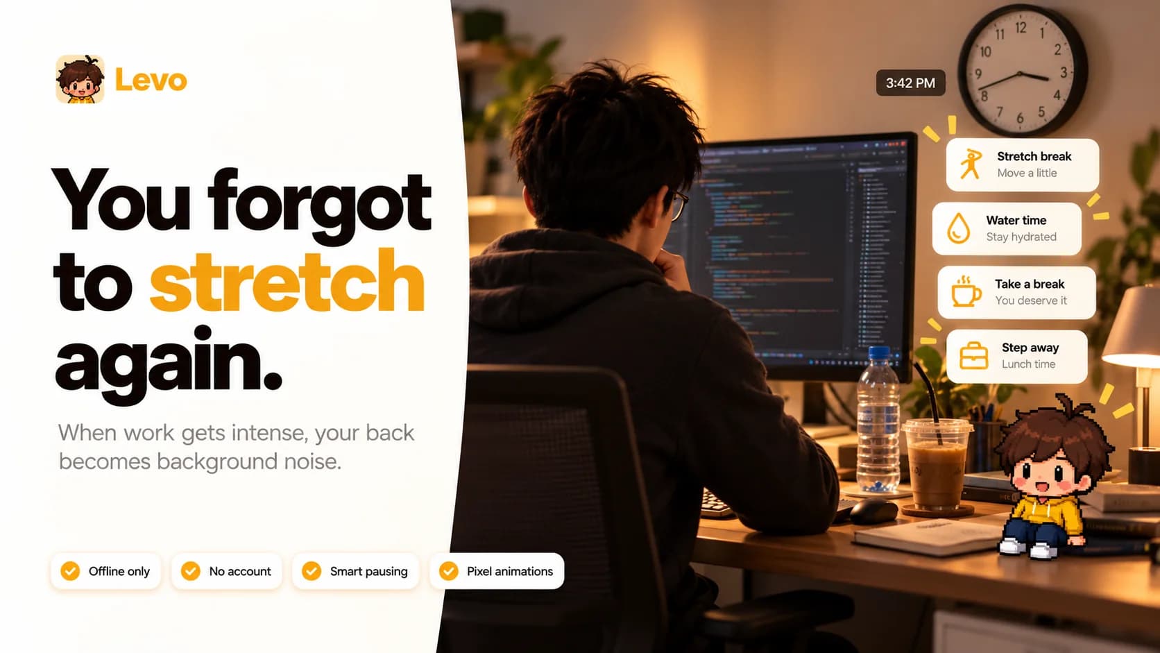 A developer hunched over code late in the afternoon while Levo pops up gentle reminders to stretch, drink water and step away.